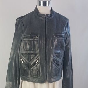 BCBGMaxAzria Gray Leather And Knot Zip Jacket.